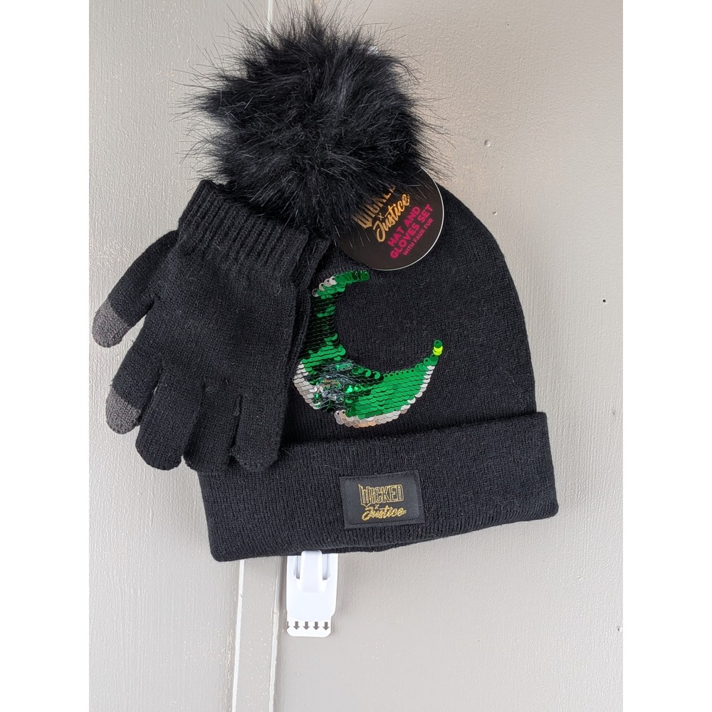 Wicked x Justice Kids Hat and Gloves Set Black Green Sequin Moon Faux Fur Pom